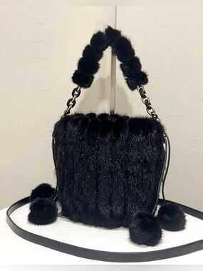 Black Real Mink Fur Handmade Drawstring Bucket Bag, Crossbody
